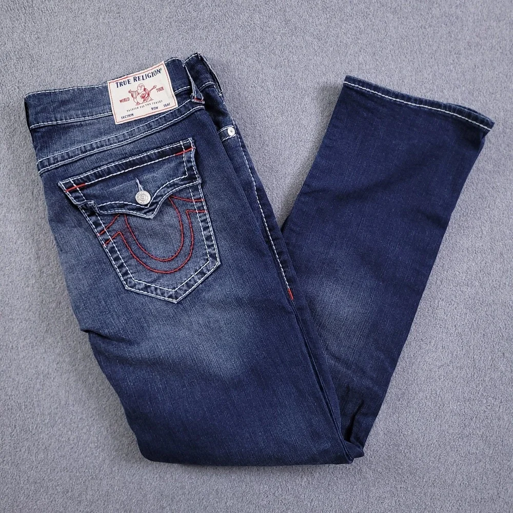 True Religion Jeans Mens 38x34 Ricky Relaxed Straight Rope Stitch Blue Fade Flap